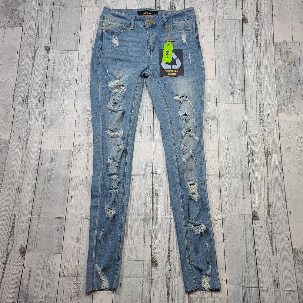 Indigo Rein Distressed Ripped Denim Recycled Flare Leg Jeans